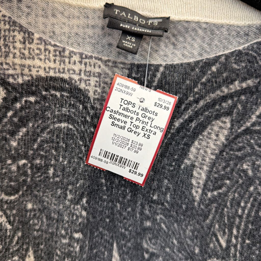 Talbots Grey Cashmere Print Long Sleeve Top Extra Small