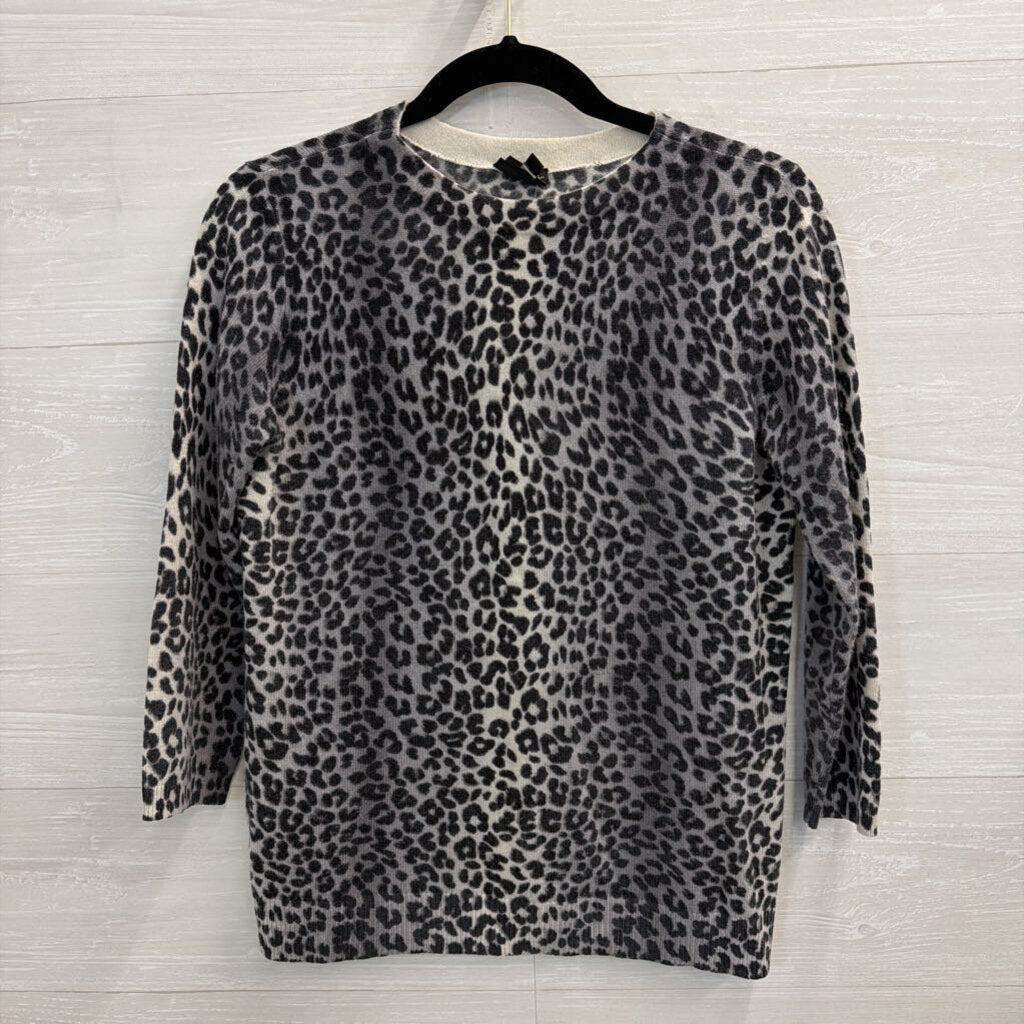 Talbots Grey Cashmere Leopard Print Long Sleeve Top Small