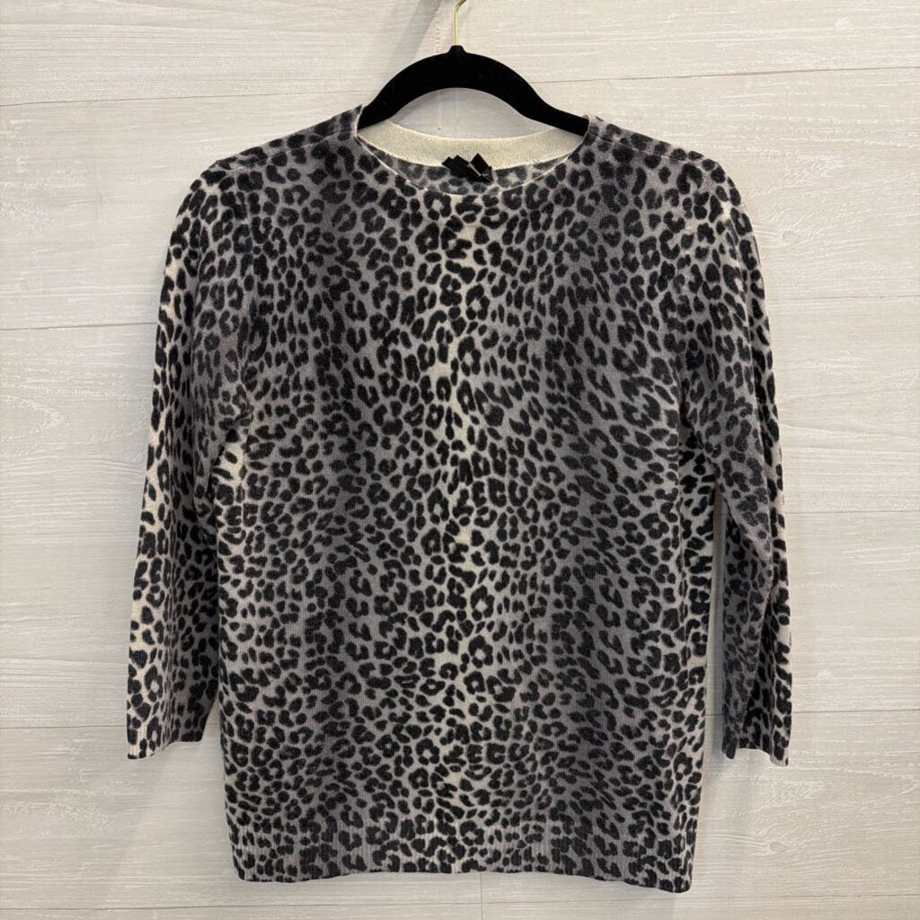 Talbots Grey Cashmere Leopard Print Long Sleeve Top Small