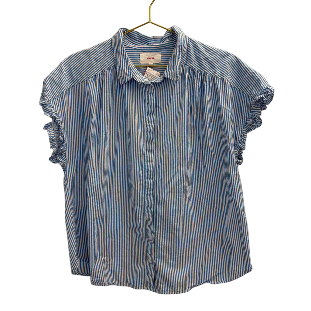 Xirena Blue/ White Striped Short Sleeve Button Down Top Large