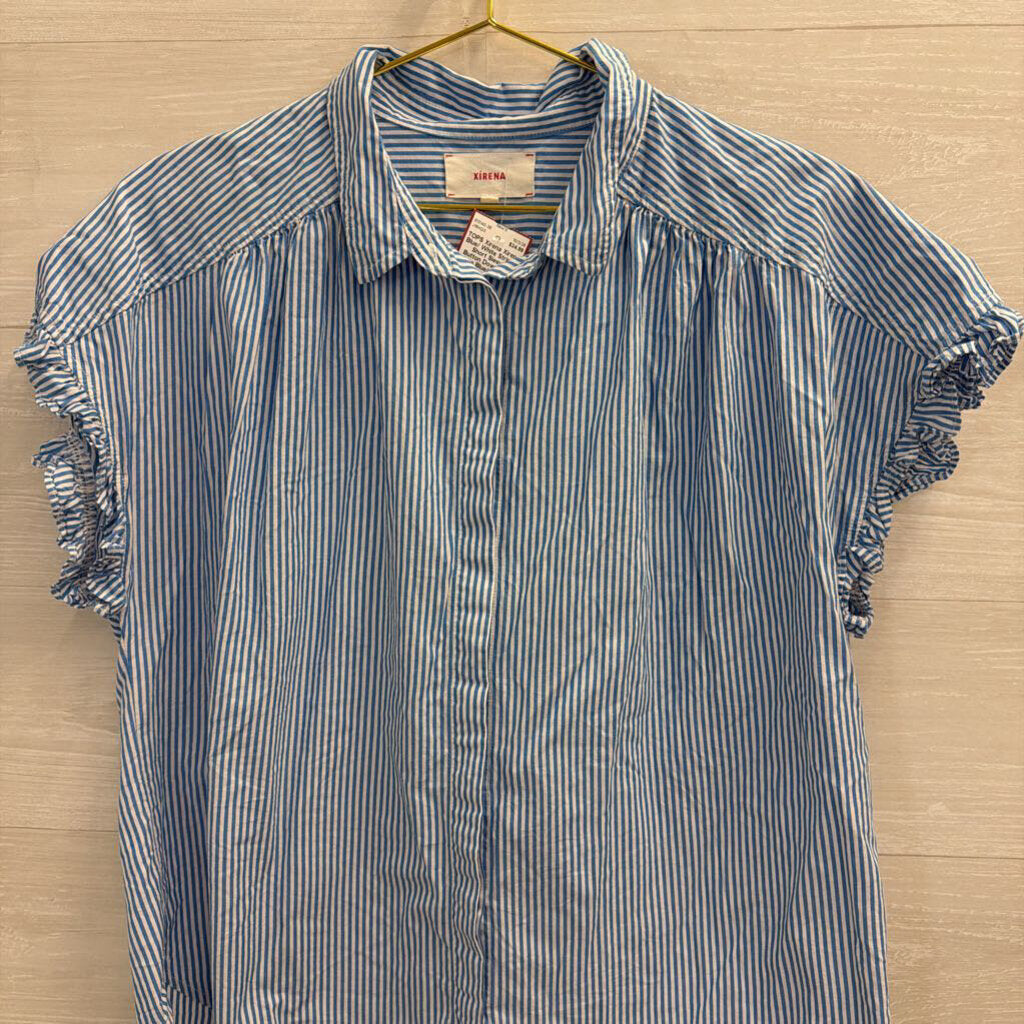 Xirena Blue/ White Striped Short Sleeve Button Down Top Large