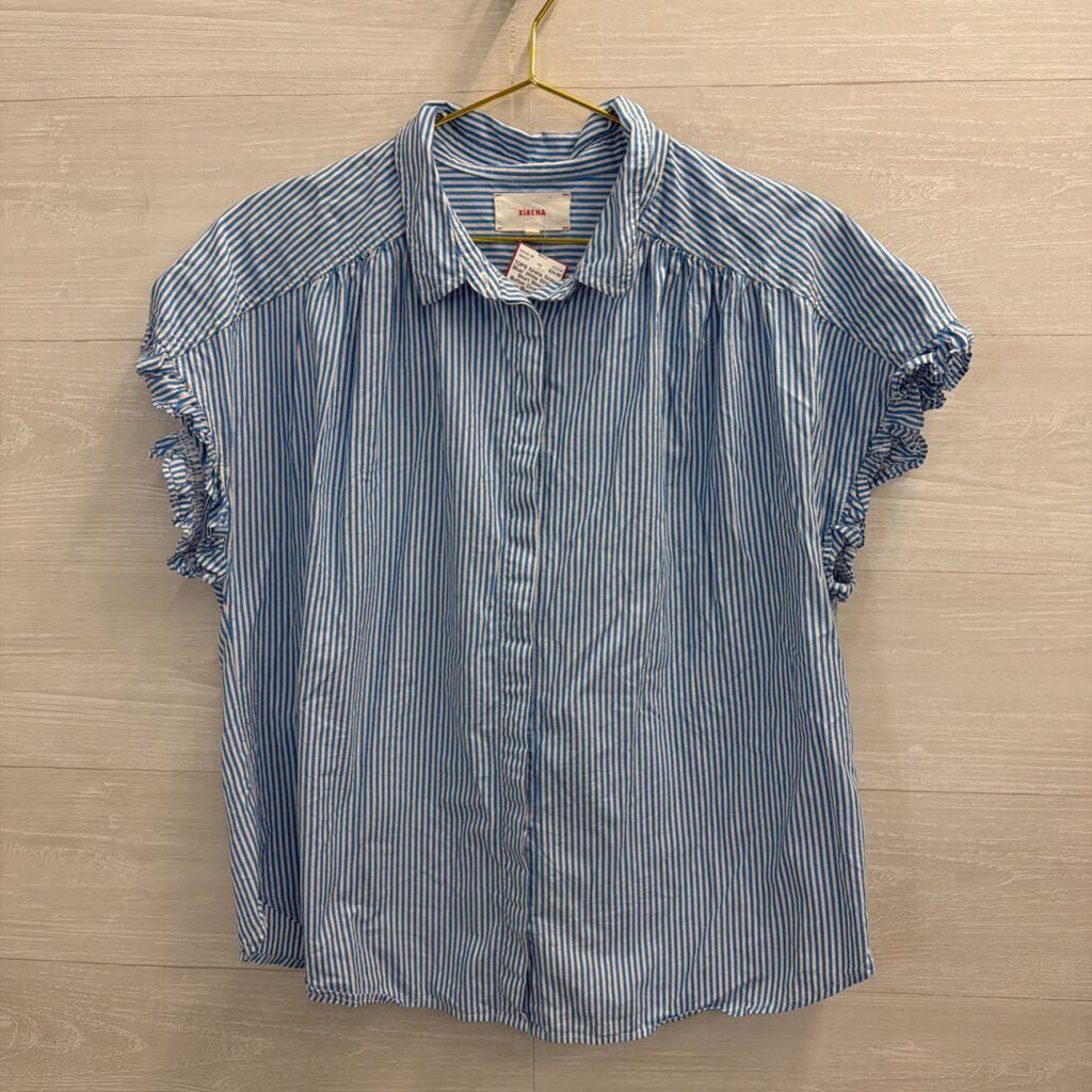 Xirena Blue/ White Striped Short Sleeve Button Down Top Large