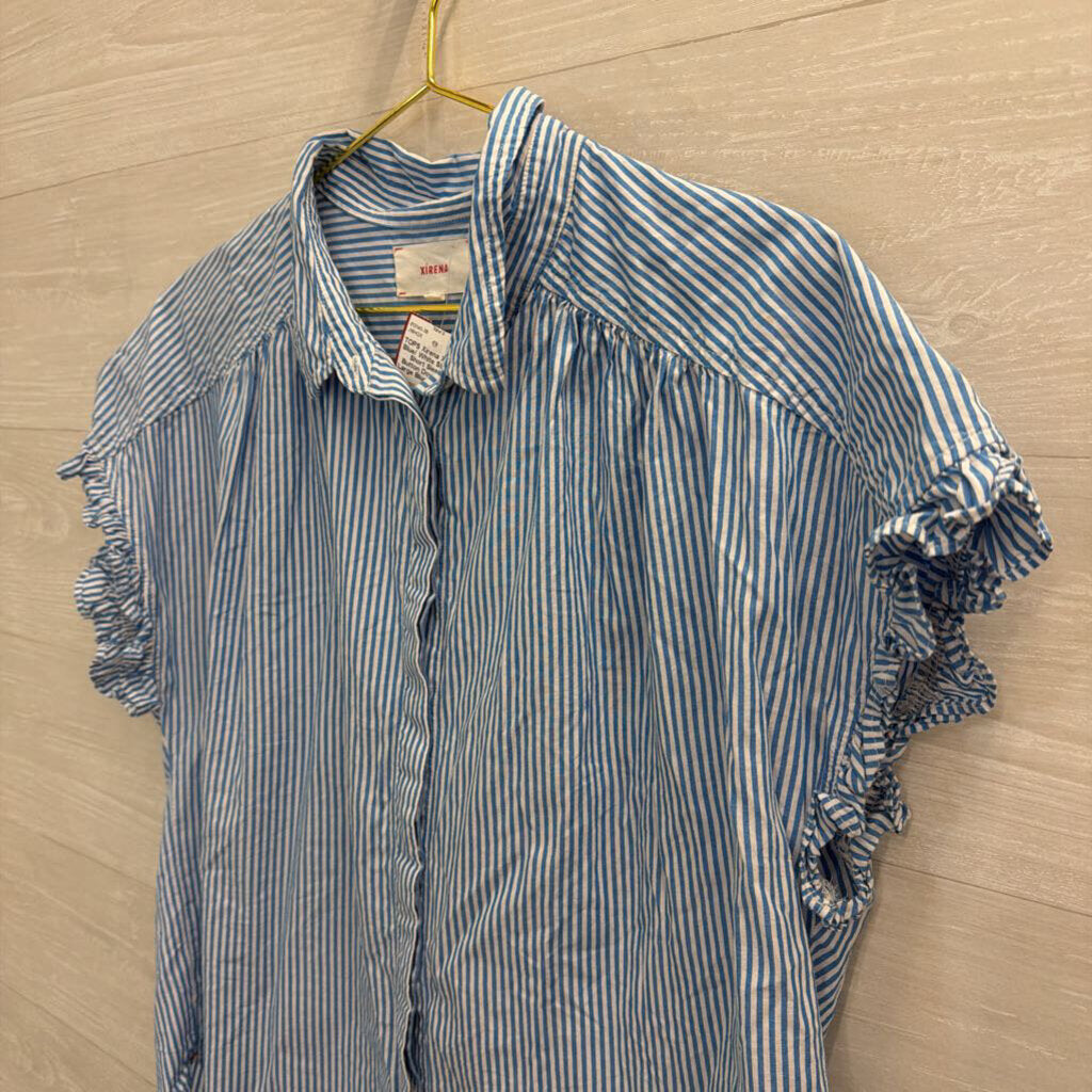 Xirena Blue/ White Striped Short Sleeve Button Down Top Large