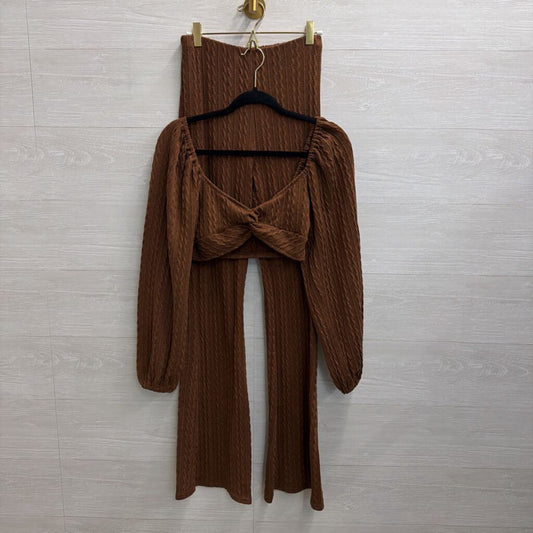 Altar'd State Brown Knit Cropped Long Sleeve Top/ Flare Leg Pull On Pants Set Small
