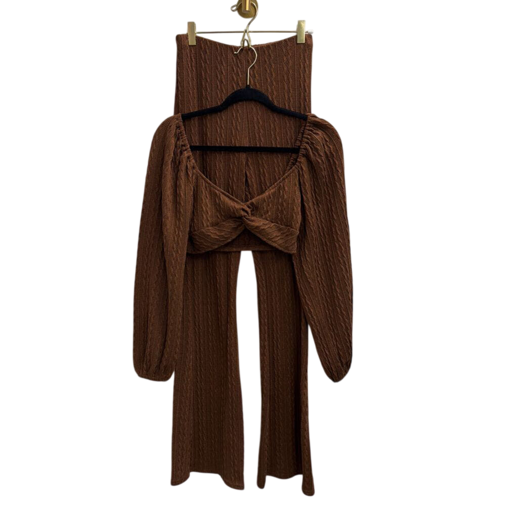 Altar'd State Brown Knit Cropped Long Sleeve Top/ Flare Leg Pull On Pants Set Small