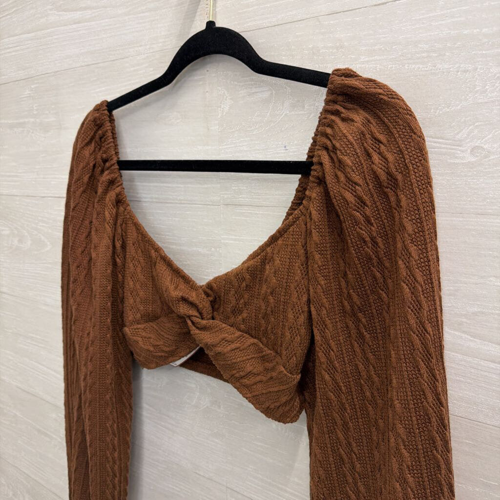 Altar'd State Brown Knit Cropped Long Sleeve Top/ Flare Leg Pull On Pants Set Small