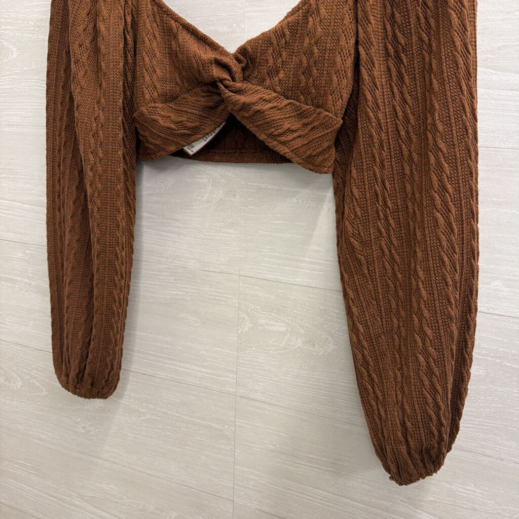 Altar'd State Brown Knit Cropped Long Sleeve Top/ Flare Leg Pull On Pants Set Small