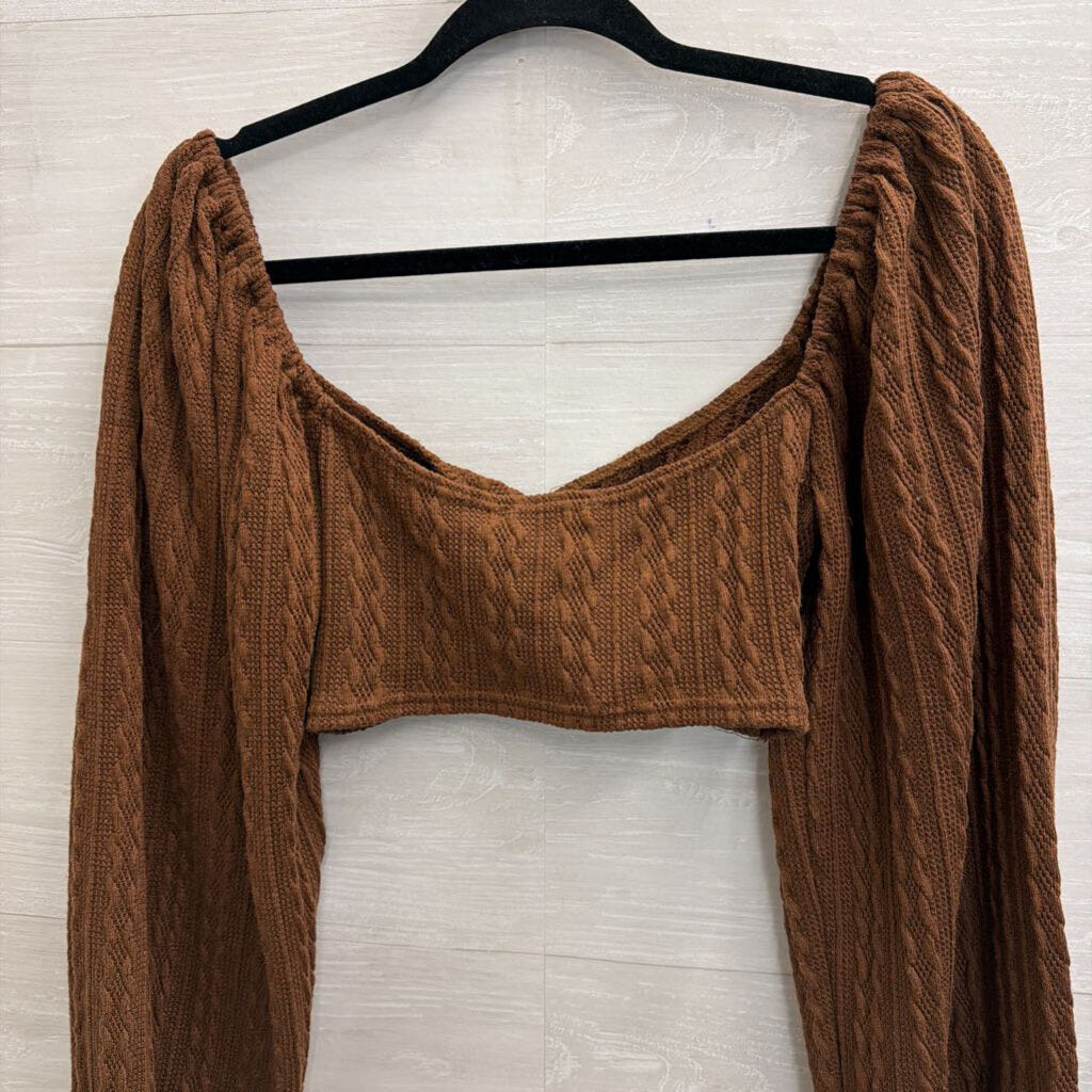 Altar'd State Brown Knit Cropped Long Sleeve Top/ Flare Leg Pull On Pants Set Small