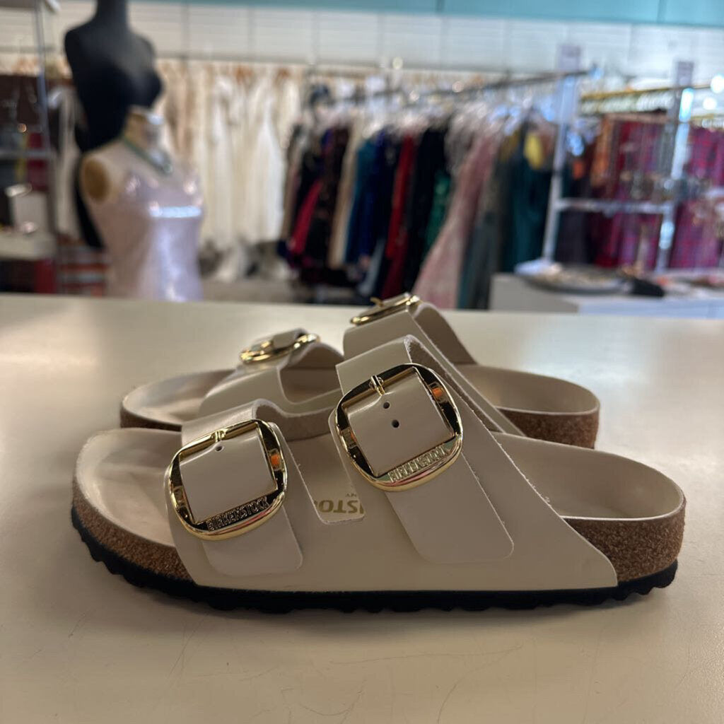 Birkenstock Cream Leather Arizona Big Buckle Sandals 38