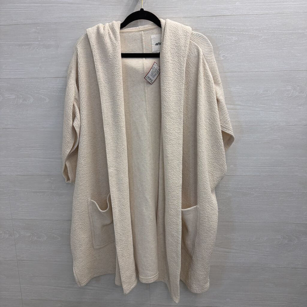 Aerie Cream Boxy Short Sleeve Open Front Hooded Long Sweater XS/S