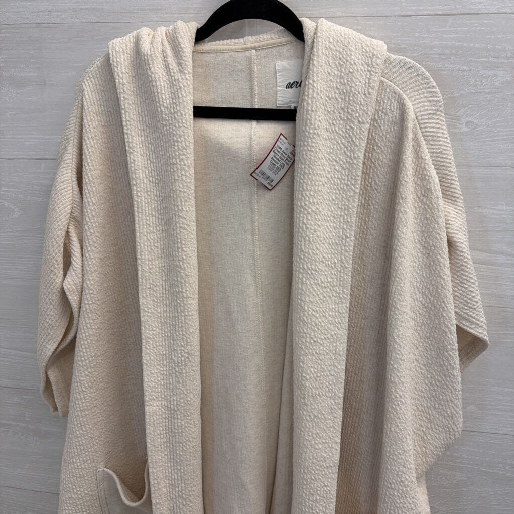 Aerie Cream Boxy Short Sleeve Open Front Hooded Long Sweater XS/S