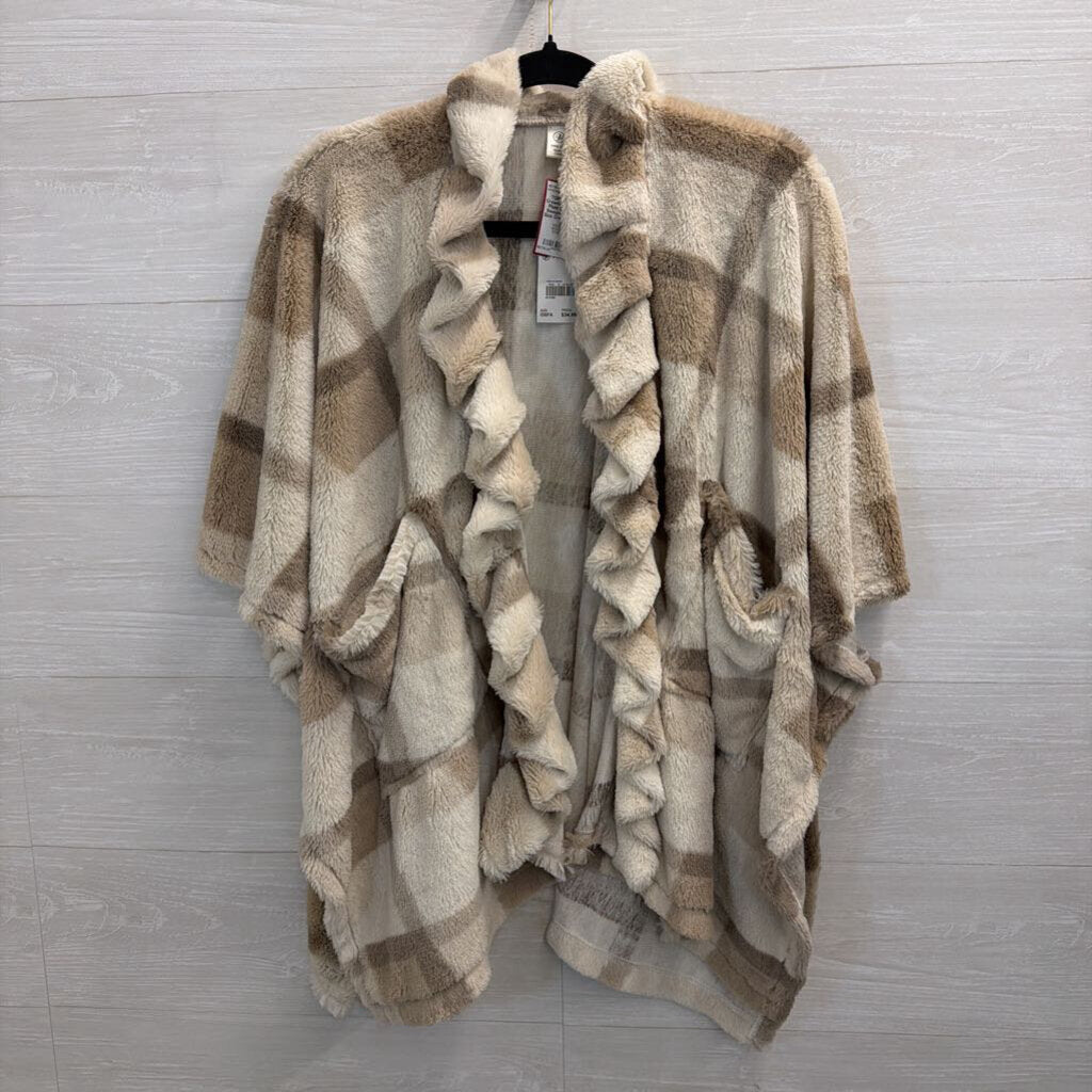 Cream/ Brown Soft Plaid Open Front Sweater Top One Size