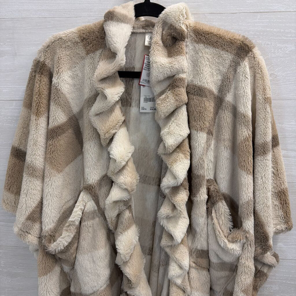 Cream/ Brown Soft Plaid Open Front Sweater Top One Size