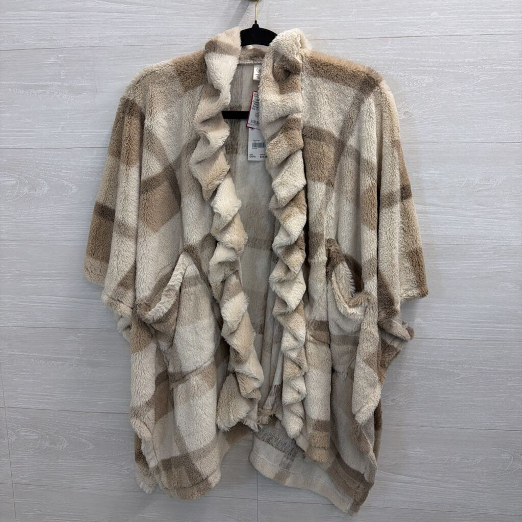 Cream/ Brown Soft Plaid Open Front Sweater Top One Size