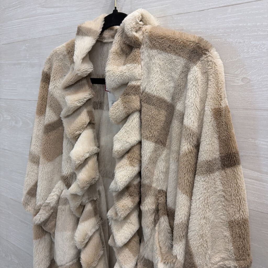 Cream/ Brown Soft Plaid Open Front Sweater Top One Size