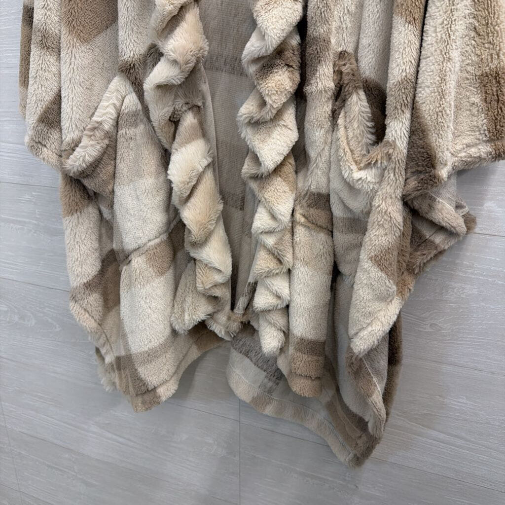 Cream/ Brown Soft Plaid Open Front Sweater Top One Size