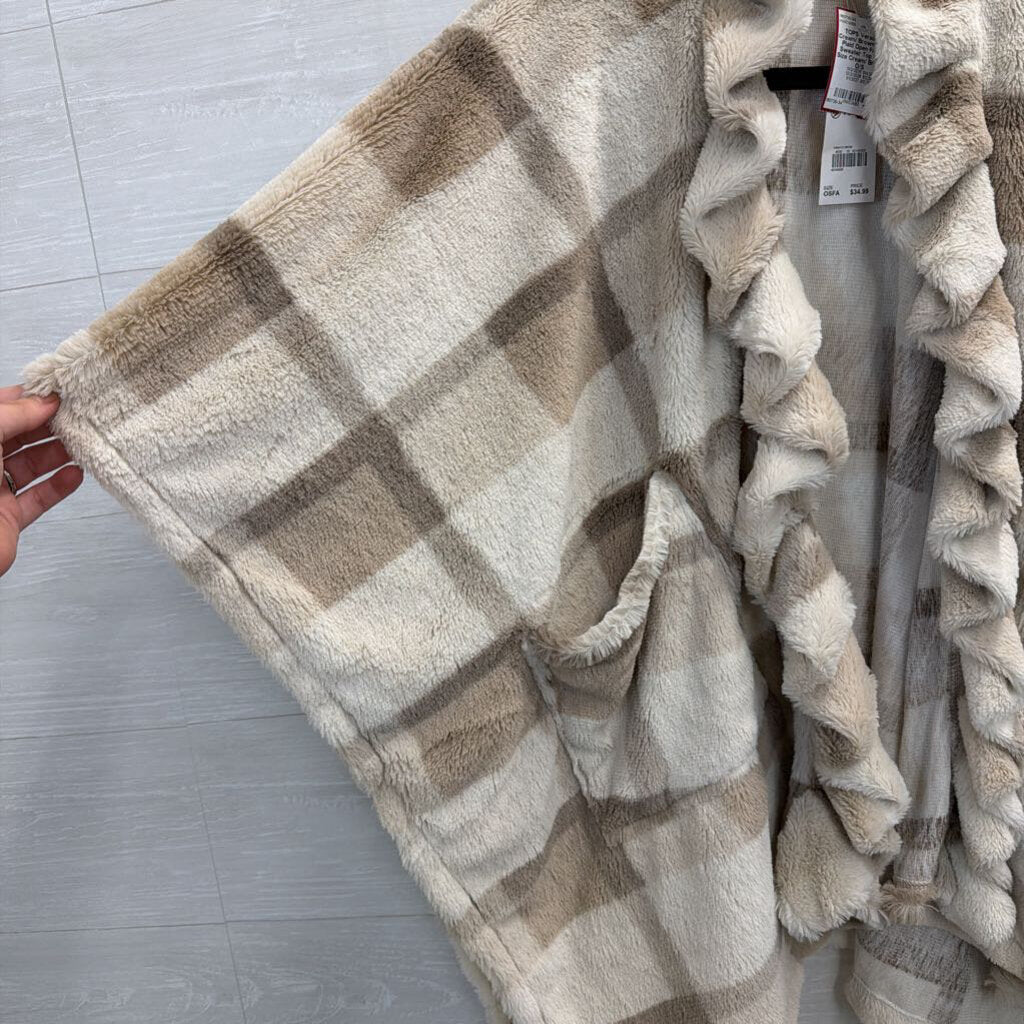 Cream/ Brown Soft Plaid Open Front Sweater Top One Size