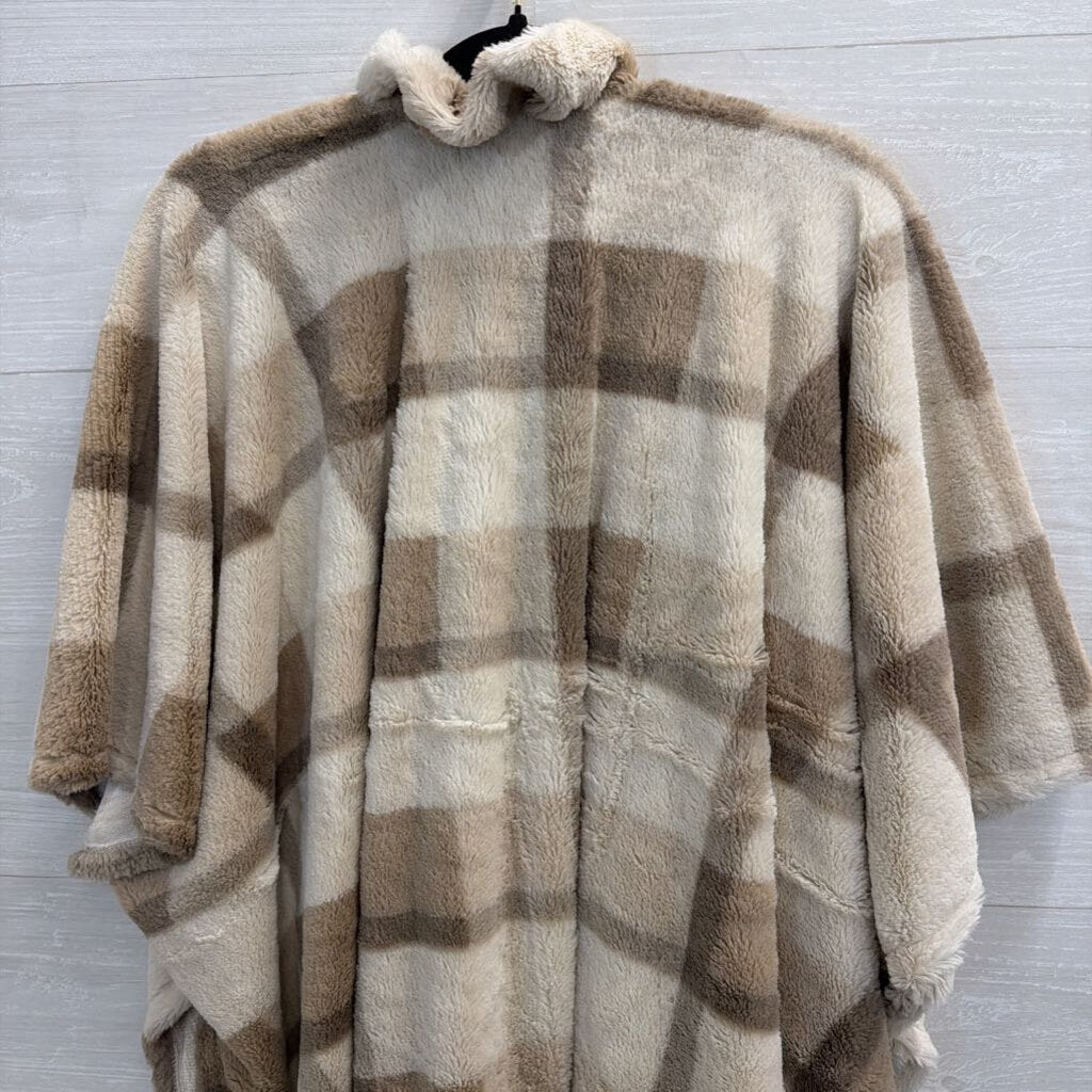 Cream/ Brown Soft Plaid Open Front Sweater Top One Size