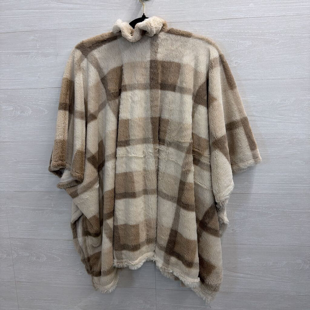 Cream/ Brown Soft Plaid Open Front Sweater Top One Size