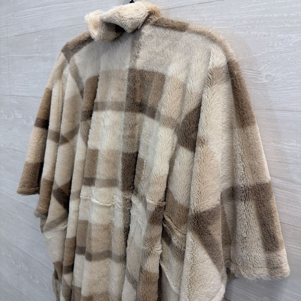 Cream/ Brown Soft Plaid Open Front Sweater Top One Size