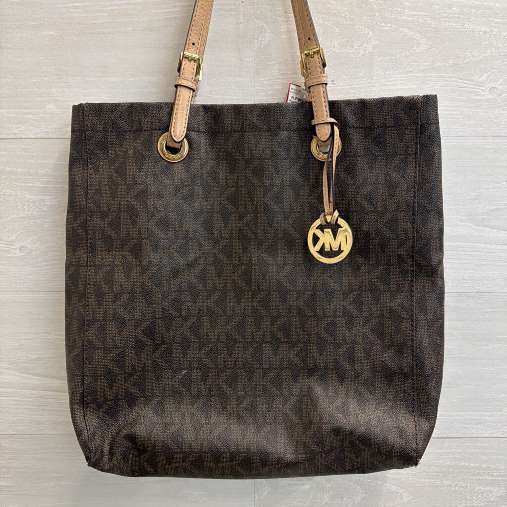 Michael Kors Brown Leather Signature Monogram Vertical Tote Purse