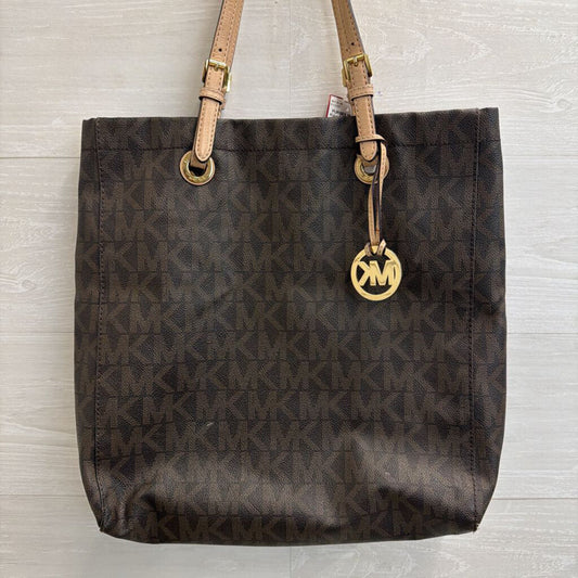 Michael Kors Brown Leather Signature Monogram Vertical Tote Purse