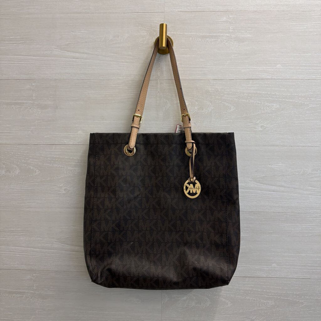 Michael Kors Brown Leather Signature Monogram Vertical Tote Purse