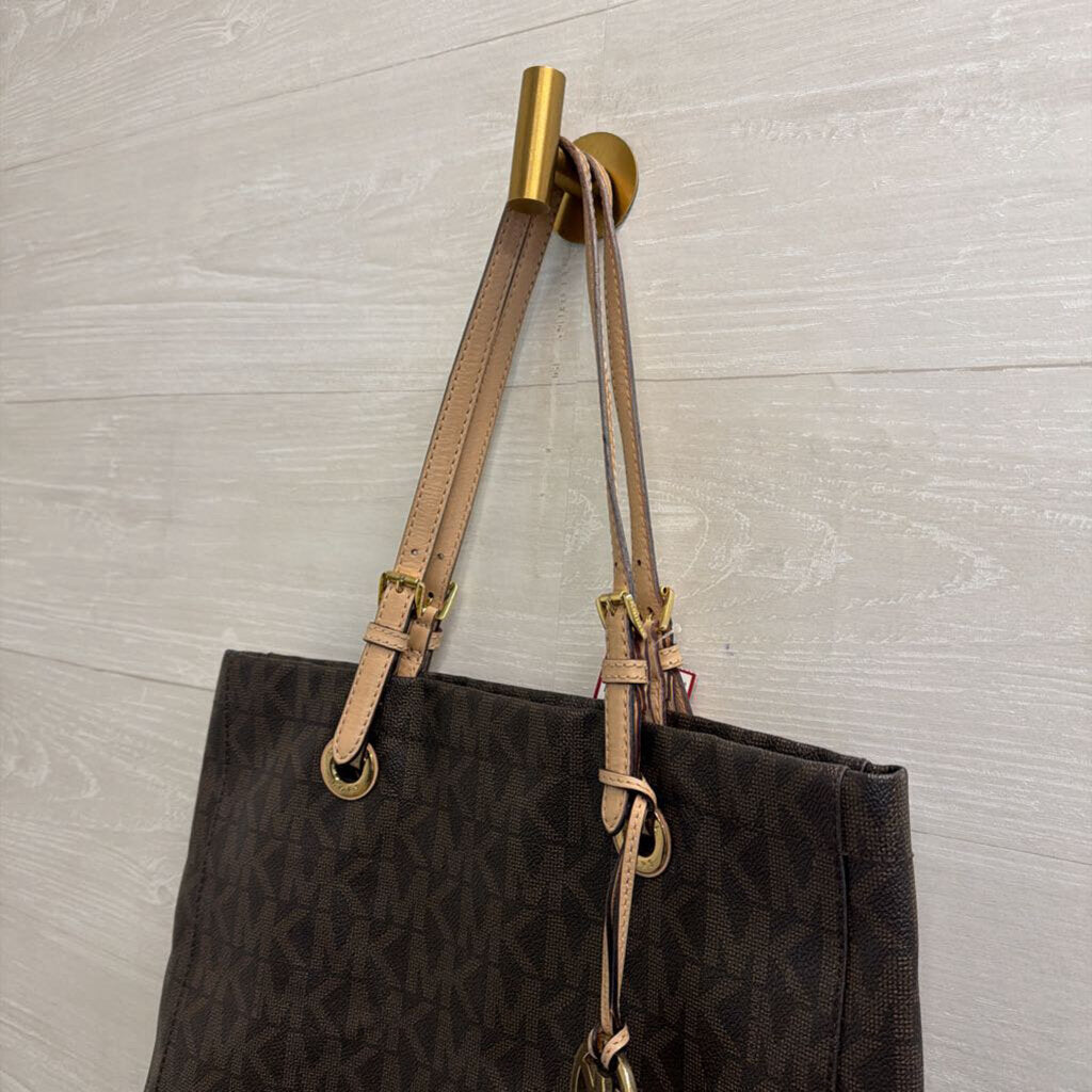 Michael Kors Brown Leather Signature Monogram Vertical Tote Purse