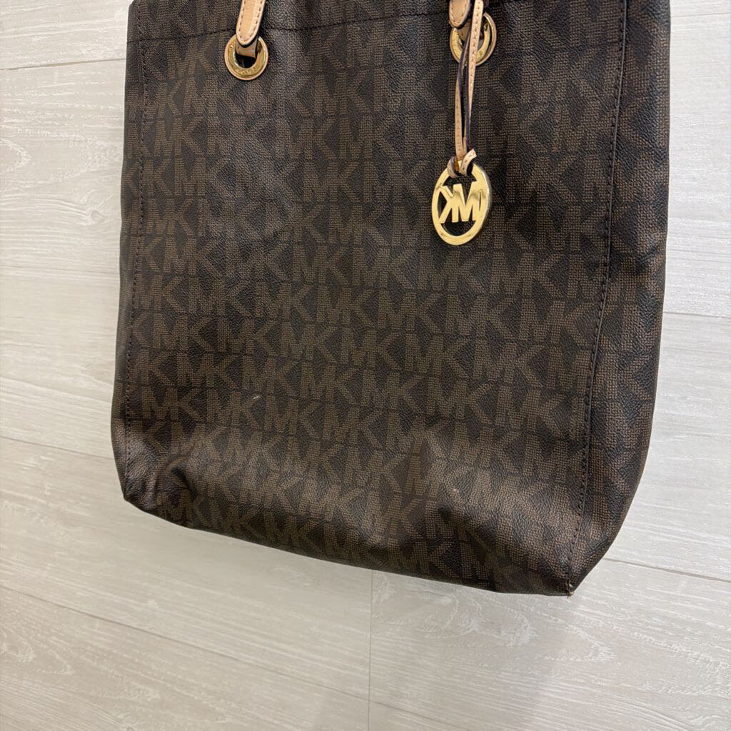 Michael Kors Brown Leather Signature Monogram Vertical Tote Purse