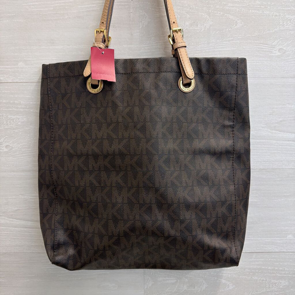 Michael Kors Brown Leather Signature Monogram Vertical Tote Purse