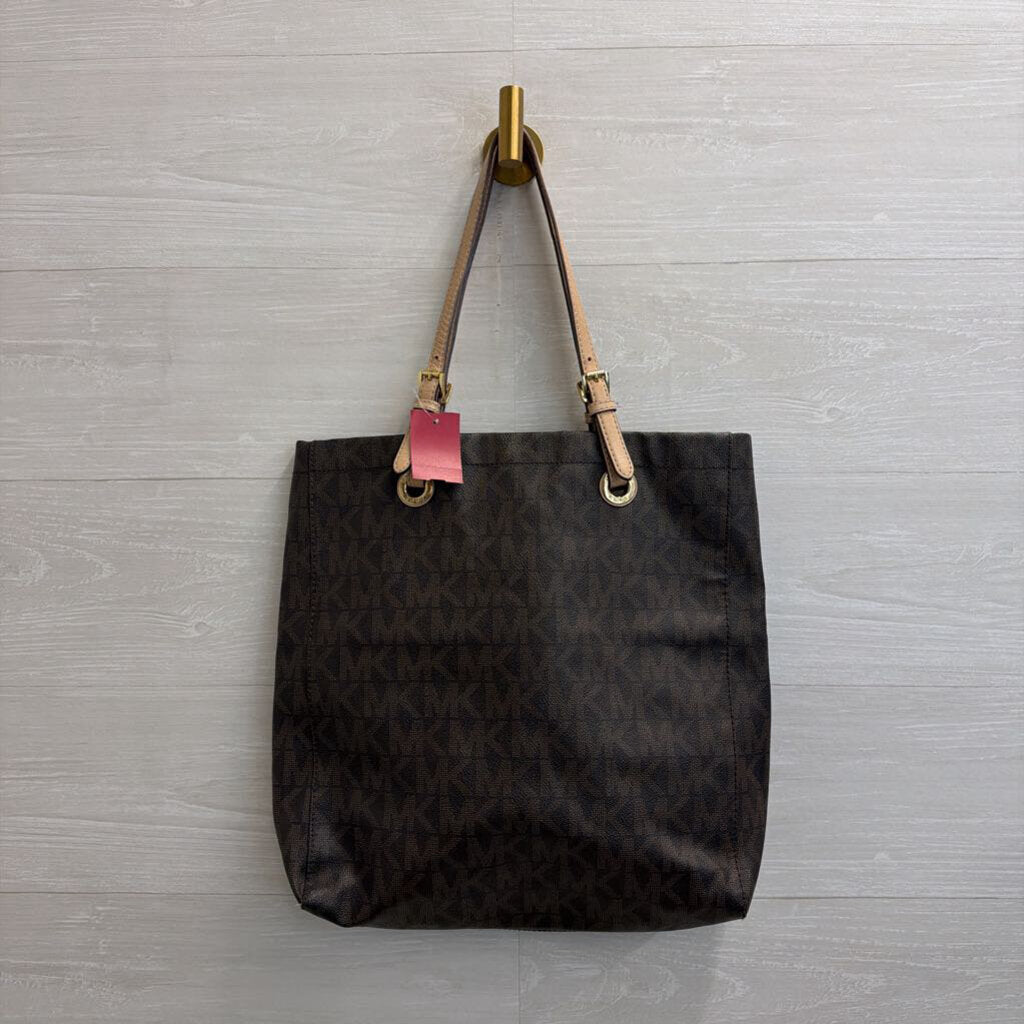 Michael Kors Brown Leather Signature Monogram Vertical Tote Purse