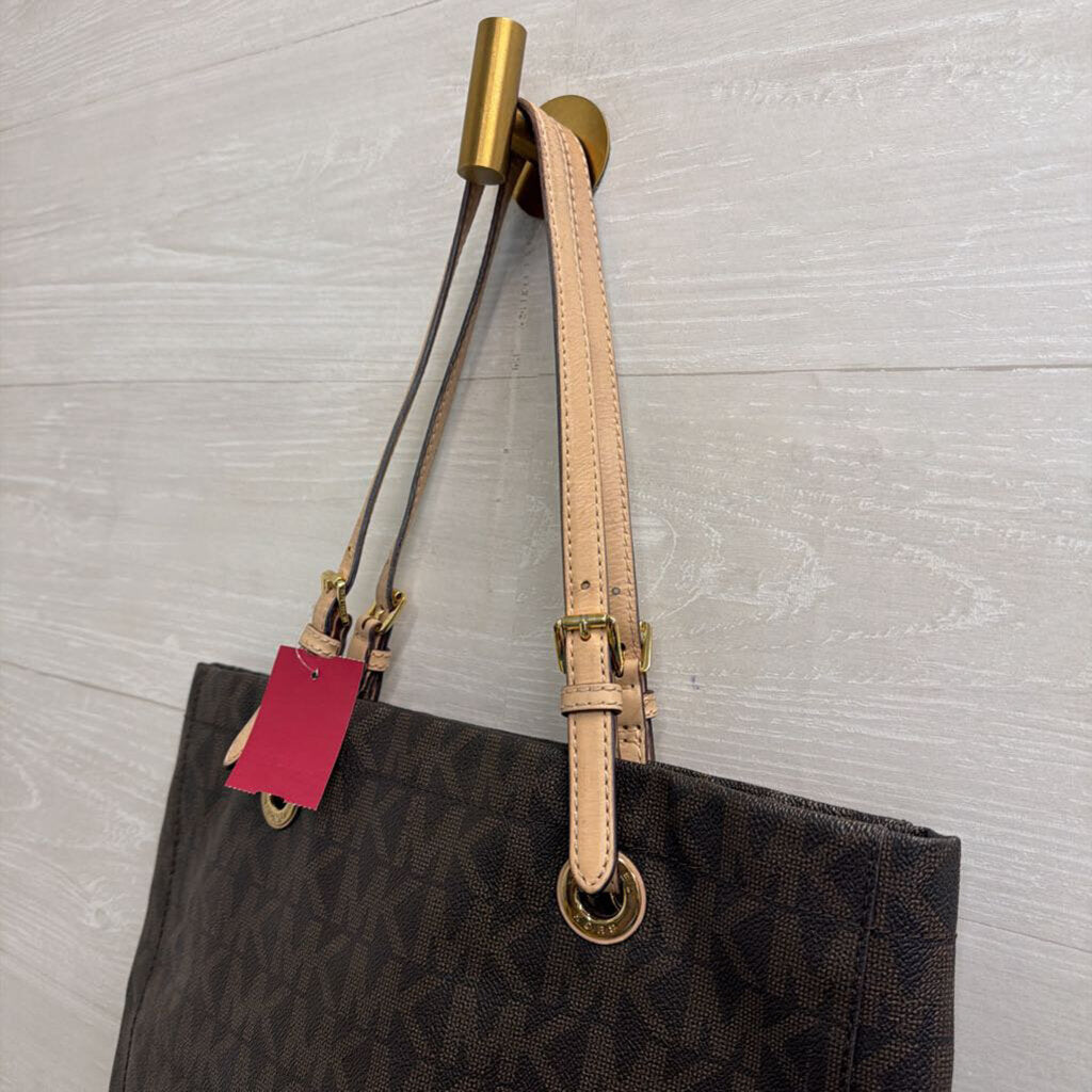 Michael Kors Brown Leather Signature Monogram Vertical Tote Purse