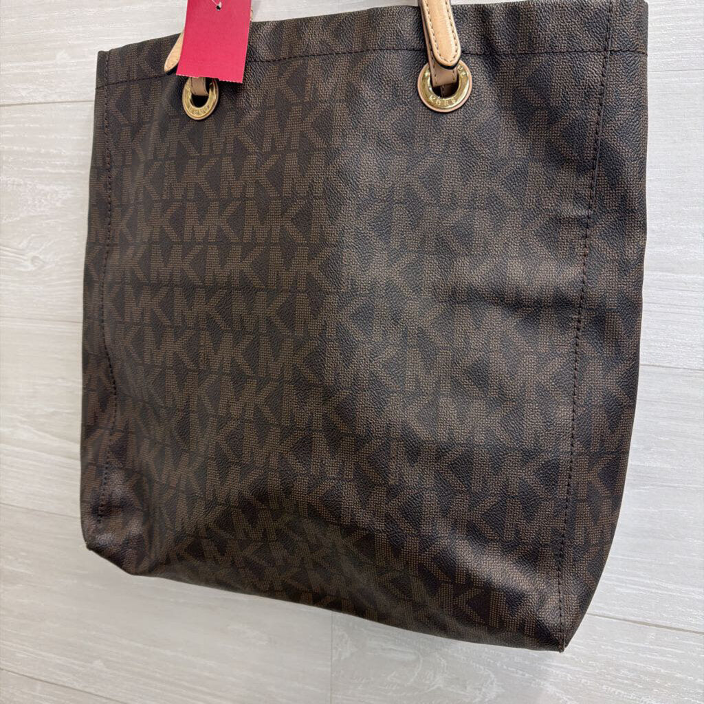 Michael Kors Brown Leather Signature Monogram Vertical Tote Purse