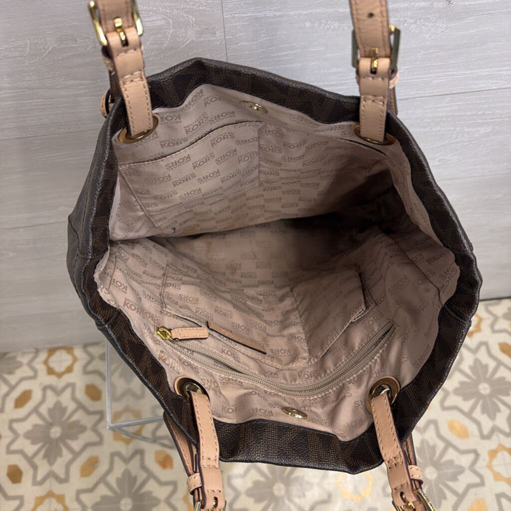 Michael Kors Brown Leather Signature Monogram Vertical Tote Purse