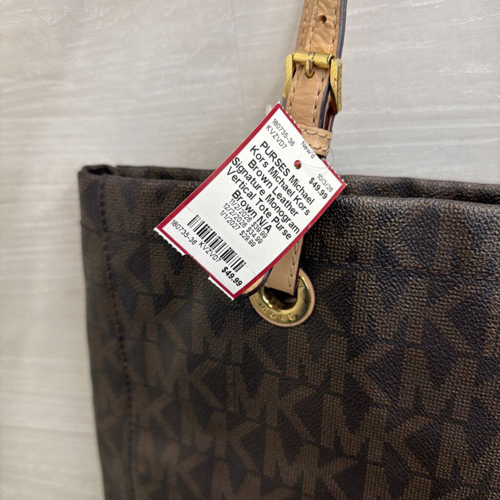 Michael Kors Brown Leather Signature Monogram Vertical Tote Purse