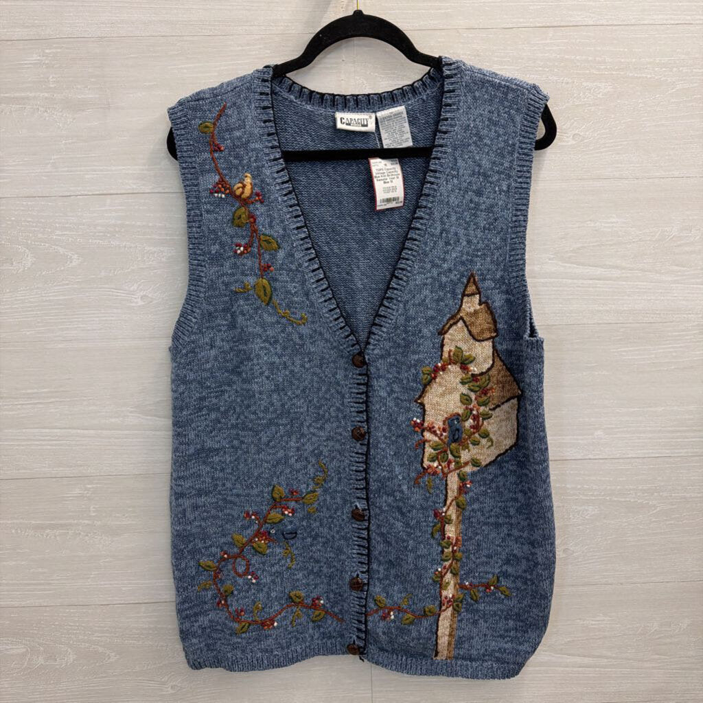 Vintage Capacity Blue Knit Birdhouse Sweater Vest 1X