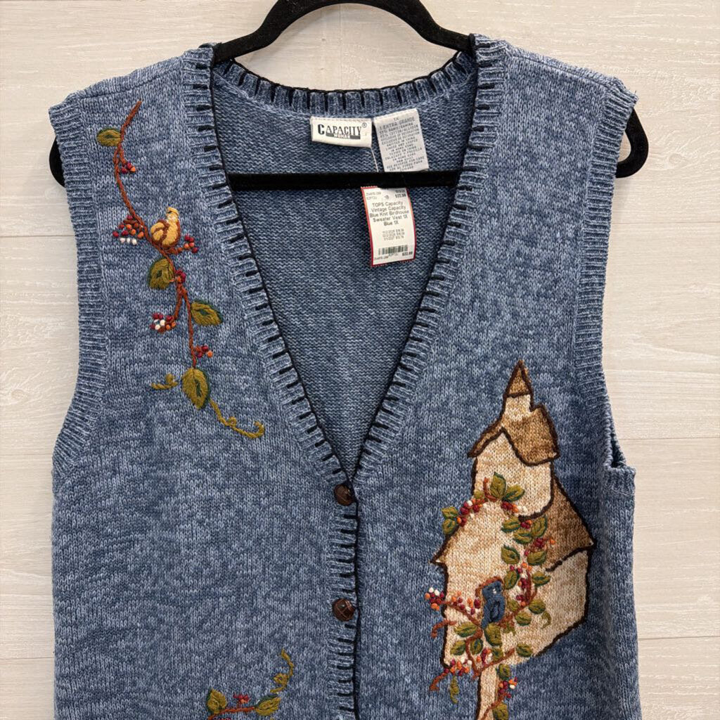 Vintage Capacity Blue Knit Birdhouse Sweater Vest 1X