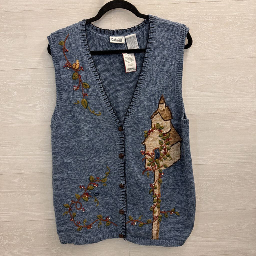 Vintage Capacity Blue Knit Birdhouse Sweater Vest 1X