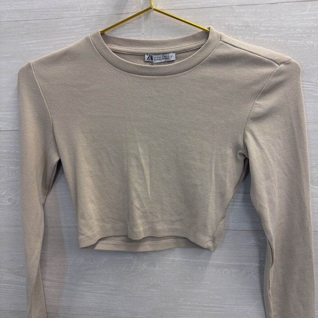 Zara Brown Cropped Long Sleeve Top Small