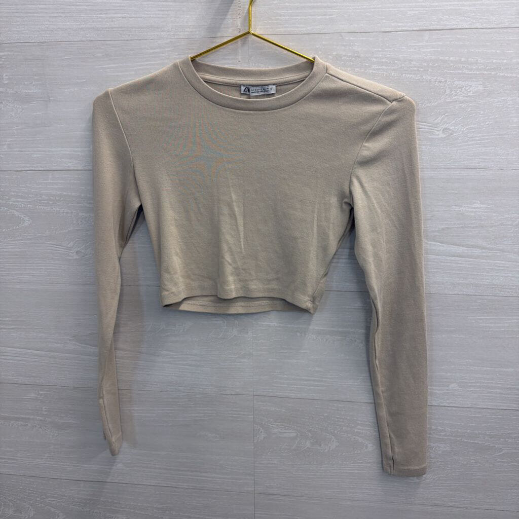 Zara Brown Cropped Long Sleeve Top Small