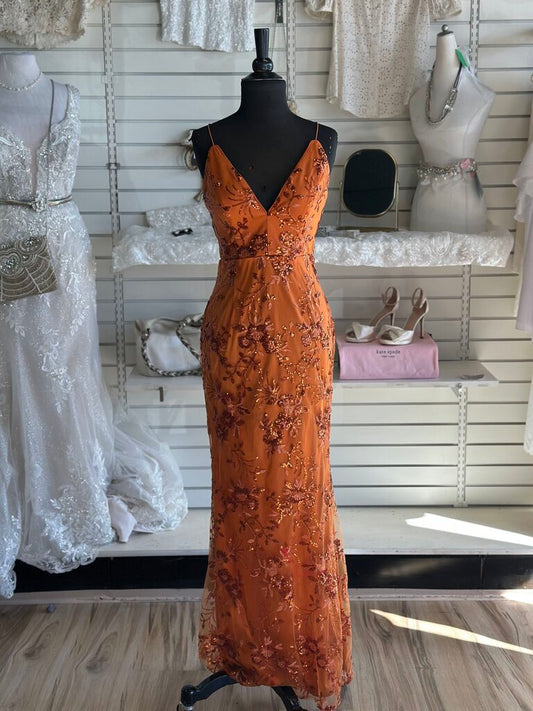 Maniju Orange Sequin Print Long Formal Dress Small