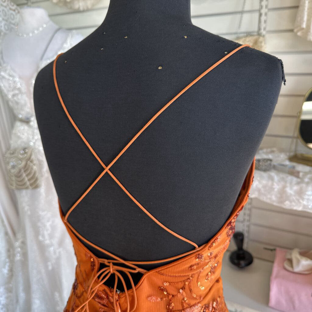 Maniju Orange Sequin Print Long Formal Dress Small