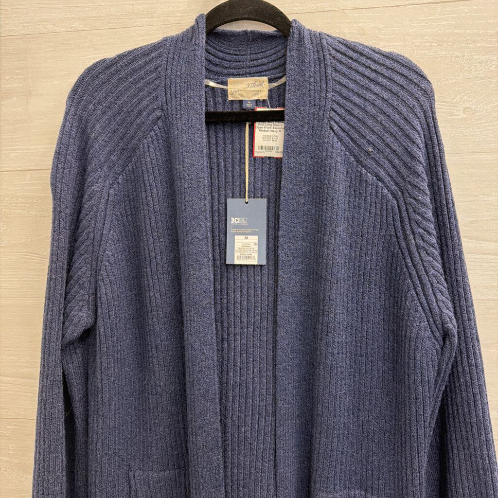Navy Ribbed Knit Long Sleeve Open Front Sweater Medium