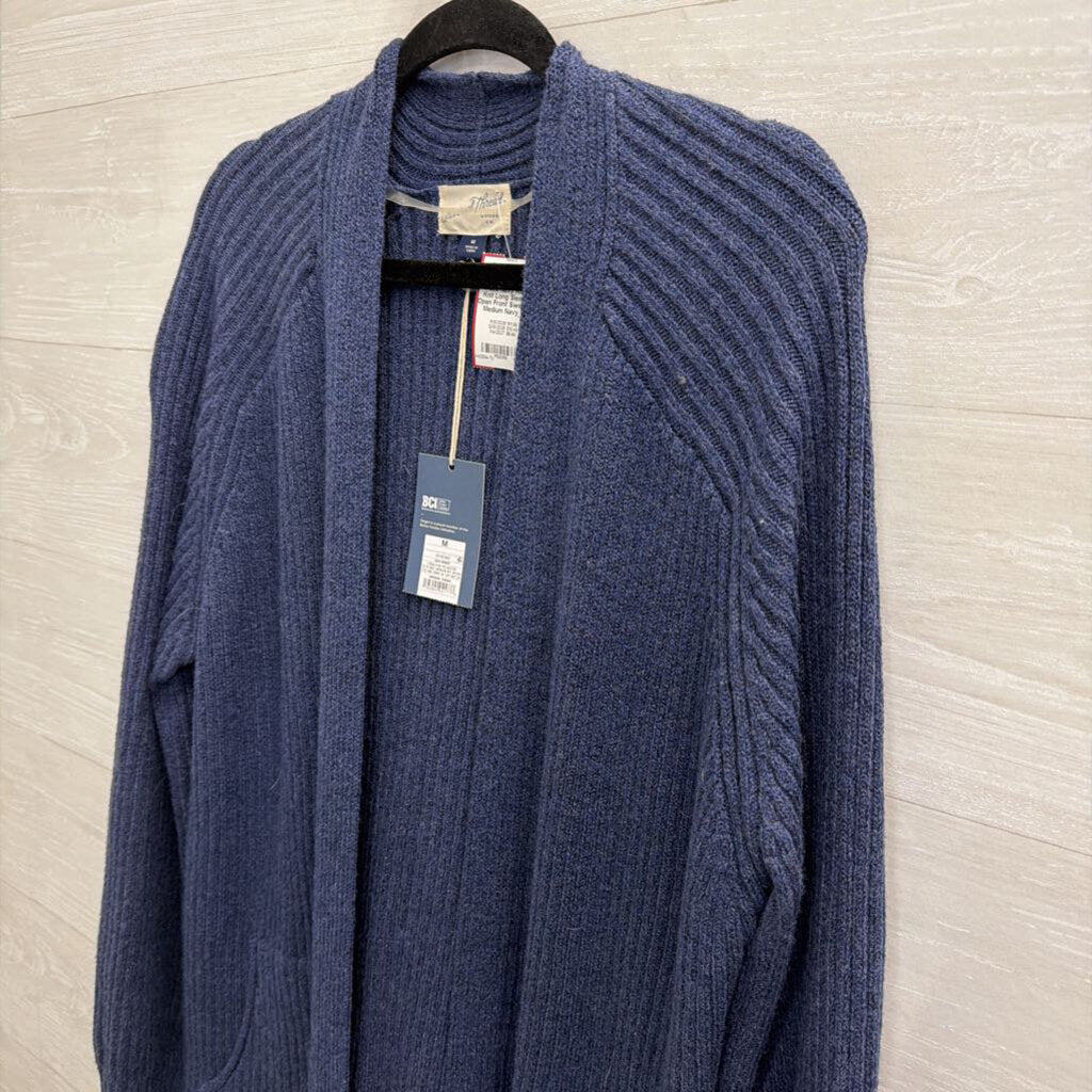 Navy Ribbed Knit Long Sleeve Open Front Sweater Medium