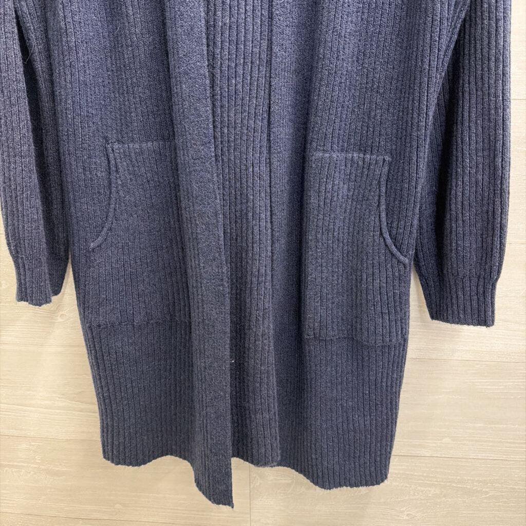 Navy Ribbed Knit Long Sleeve Open Front Sweater Medium