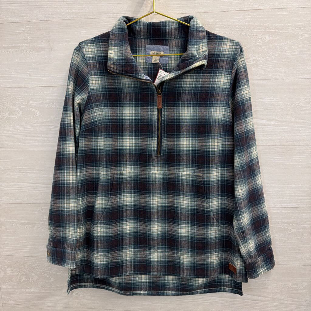 LL Bean Blue/ White Plaid Quarter Zip Pullover Small