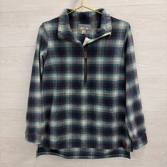 LL Bean Blue/ White Plaid Quarter Zip Pullover Small
