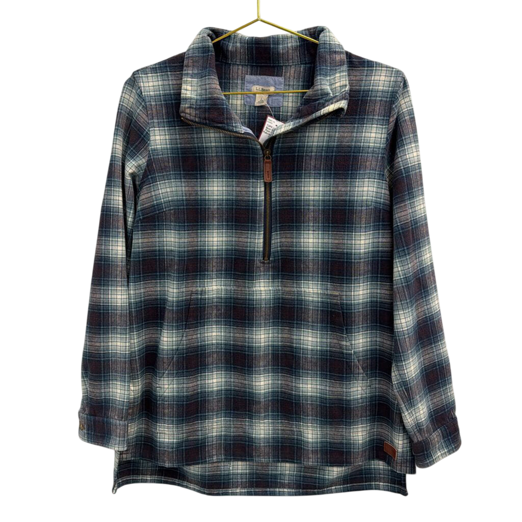 LL Bean Blue/ White Plaid Quarter Zip Pullover Small