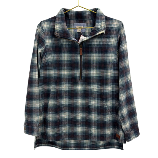 LL Bean Blue/ White Plaid Quarter Zip Pullover Small