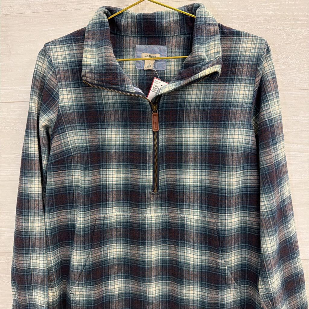 LL Bean Blue/ White Plaid Quarter Zip Pullover Small